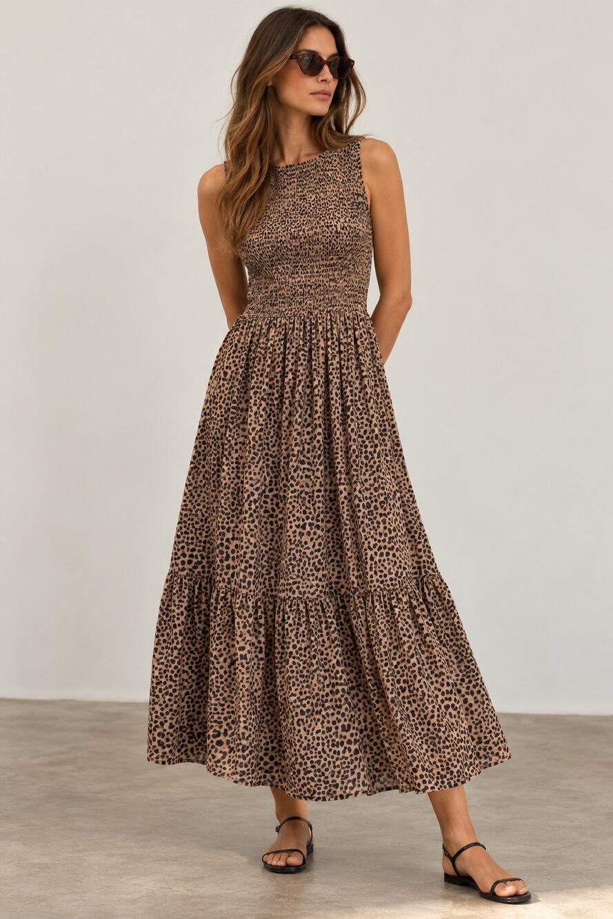 J.Crew Leopard Print Smocked Maxi Dress Women’s Medium Tiered Animal Print